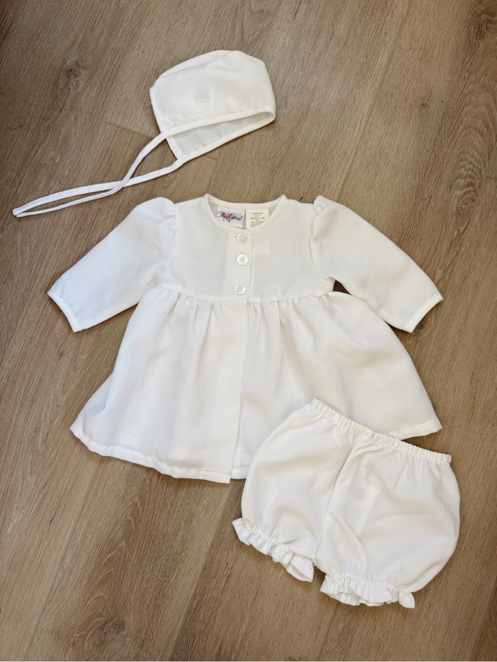 Classic White Baby Dress Set with Bonnet and Bloomers